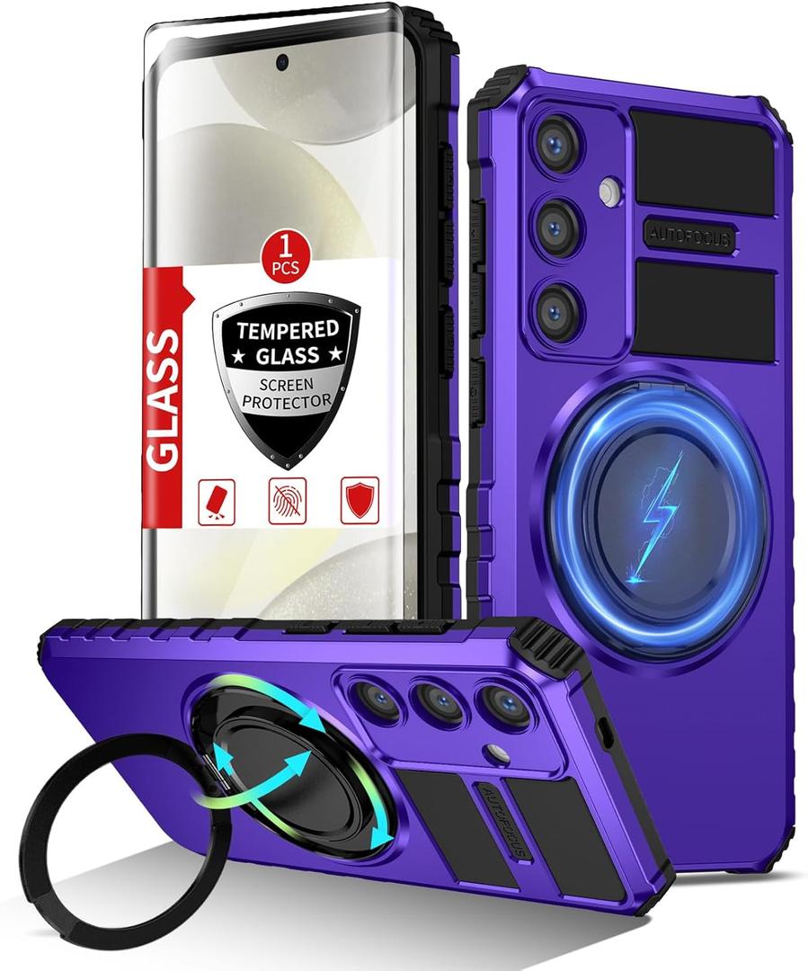 IYTRRYH for Samsung Galaxy S24 Plus Case Magnetic Compatible with Wireless Charging,Phone Case with Screen Protector,Built-in Kickstand Ring Military Grade Drop Shockproof Heavy Duty Protection Purple