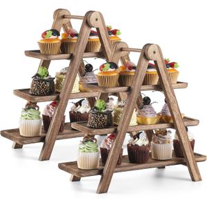 2 Pack Wood 3 Tier Serving Tray Three Tiered Cupcake Stand Rustic Rectangle Serving Platter for Party Decorative Tray Wooden Farmhouse Decor