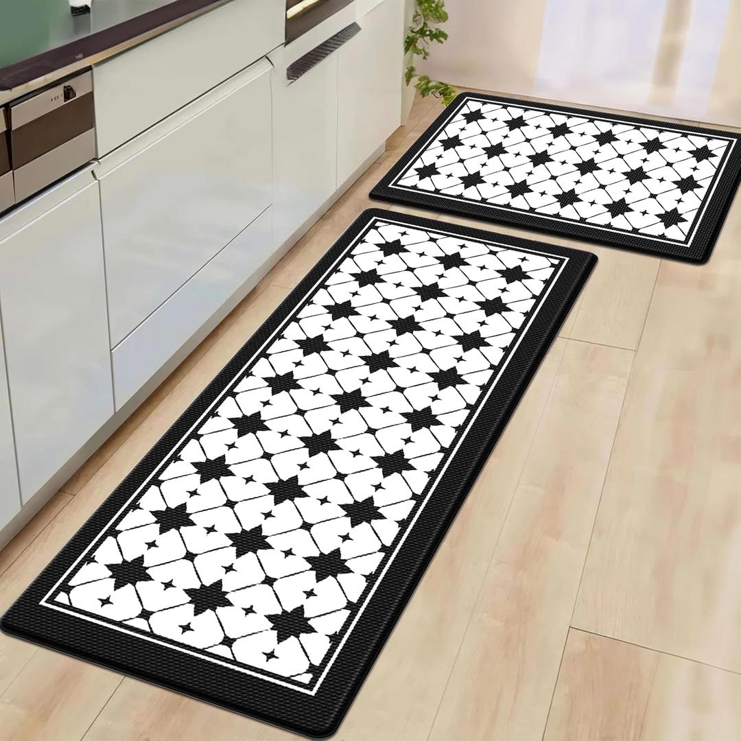 Artnice Kitchen Mat 2 PCS, Black White Plaid Cushioned Anti-Fatigue Kitchen Rug, Waterproof Non-Slip Kitchen Mats and Rugs, Heavy Duty Ergonomic Comfort Rug for Kitchen, Floor, Office, Sink (17.3"x30"+17.3"x47.2")