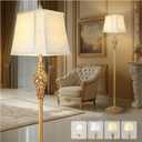 Vintage Farmhouse Floor Lamp with Nightlight, 65" Tall Standing Lamp with White Linen Fabric Shade, Antique Gold Finish, Elegant Reading Corner Light for Living Room, Bedroom, Office (Bulb Included)