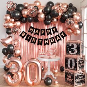Rose Gold 30th birthday decorations for her Women,birthday Decorations for Women Girls black and pink Balloon Boxes Birthday Party Favors