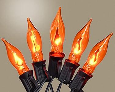 PASUTO Flickering Flame String Lights Orange Halloween Lights with 10 Pack C7 Orange Flickering Light Bulbs, 12.8Ft Flame String Lights for Fall Decor Halloween Decorations for Home Party Yard Porch