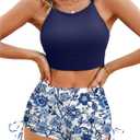 Herseas Women's Floral Print Drawstring Boyshorts Swimsuits Criss Cross Top Bikini Sets High Waisted Two Pieces Bathing Suits (XX-Large, Navy Blue Floral)