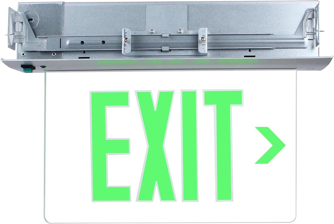 Qllite LED Exit Sign LED Edge-Lit Exit Sign Emergency Light w/Battery Backup, Recessed Mount Edge, Aluminum Housing, Single Side Clear Acrylic Panel, Green Letters, UL Listed, 120-347V Commercial Use