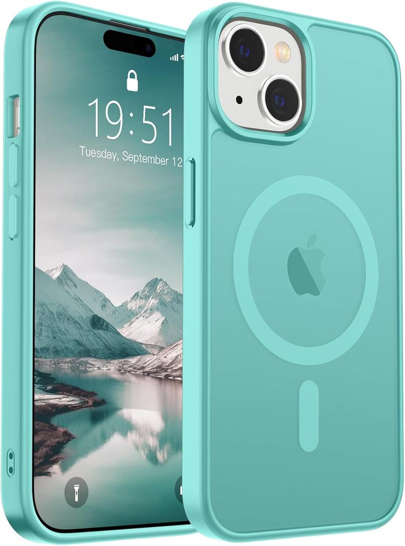 SUPFINE Magnetic for iPhone 15 Case (Compatible with MagSafe) (Military Grade Drop Protection) Slim Translucent Matte Shockproof with Anti-Fingerprint Phone Case, Blue Green