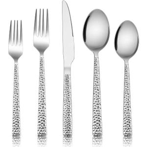 E-far 50-Piece Hammered Silverware Set, Stainless Steel Square Flatware Set Service for 10, Tableware Cutlery Set Includes Forks Spoons Knives, Modern Design & Mirror Polished - Dishwasher Safe