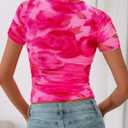 2 x BTFBM Womens Sheer Mesh Summer Tops 2025 Crewneck Short Sleeve Print Ruched Crop Top Slim Fit Club Going Out T Shirts (Pink, S)
