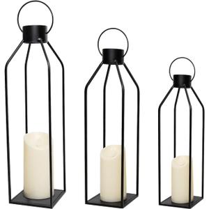 HPC Decor 22'' 19'' 16'' Lanterns Decorative w/Flickering Timer Candles- Tall Large Black Metal Candle Lanterns Set of 3- Modern Farmhouse Decor for Indoor, Outdoor, Tabletop, Porch (No Glass)