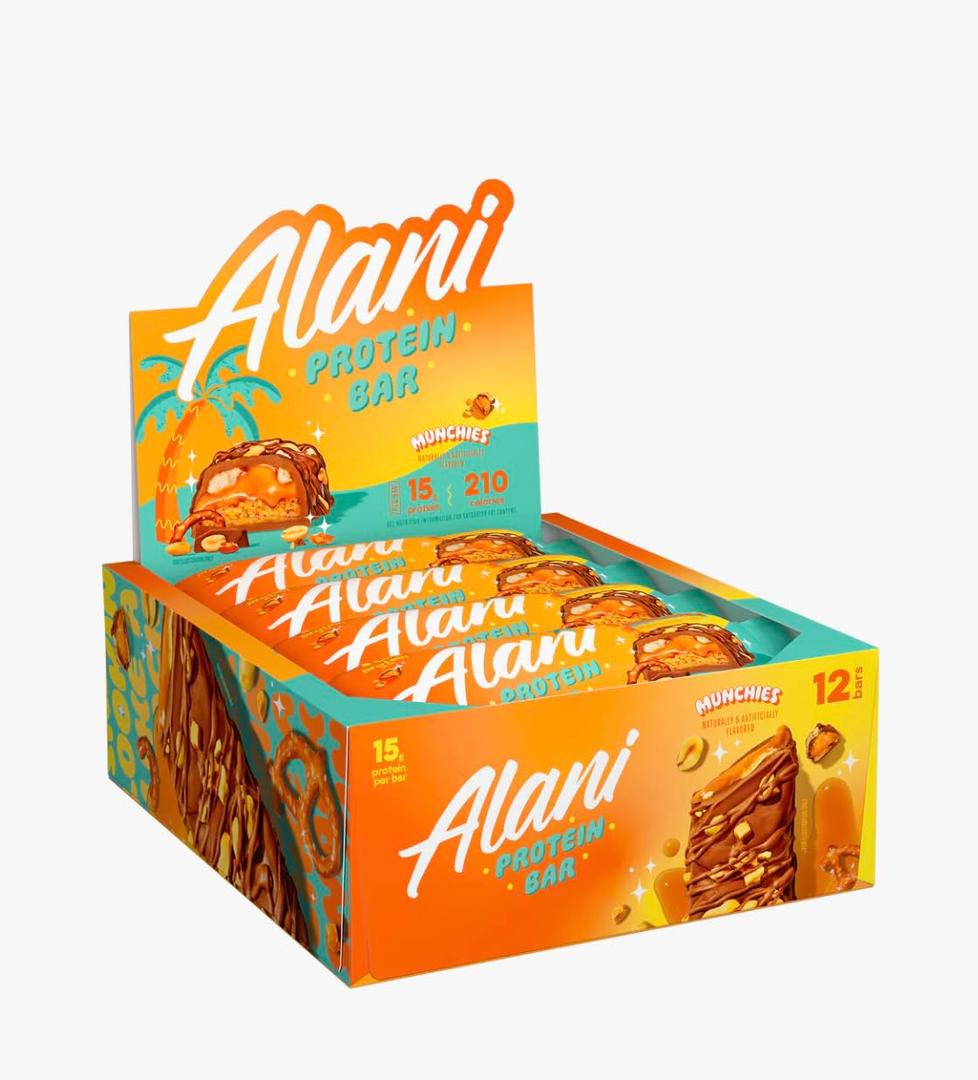 Alani Nu Protein MUNCHIES, High Protein Gluten-Free Bars, 18g Protein, Low-Sugar (6G) Low-Carb Healthy Snacks, 12 Individually Wrapped Bars (EXP 04/30/27)