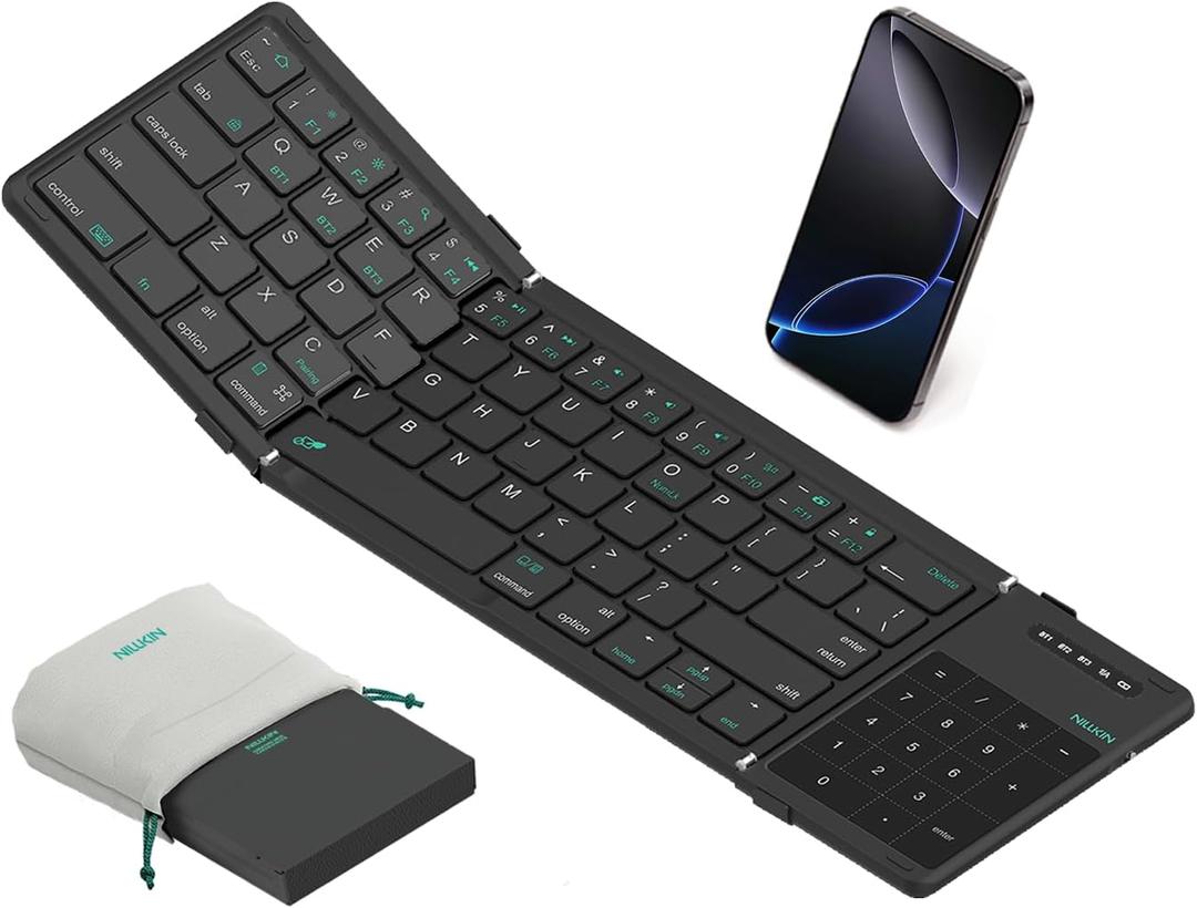 Nillkin Upgraded Foldable Bluetooth Keyboard with Touchpad & Number Pad, Portable Wireless Keyboard for Travel, Pocket-Sized, Full Size Keys, Support 3 Devices for iPad Laptop Tablets Phone, Black
