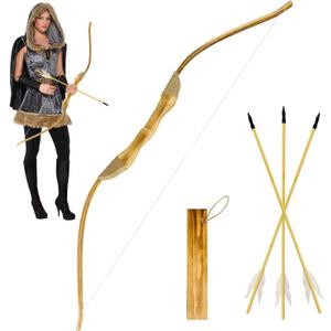 Youth Wooden Bow and Arrow Set, 40 Inch Handmade Wooden Bow and Arrow Cosplay Costume Prop Archery Set Games Toys, 1 Bows 1 Quivers and 3 Feather Arrows, Gifts for Kids Youth Boys and Girl