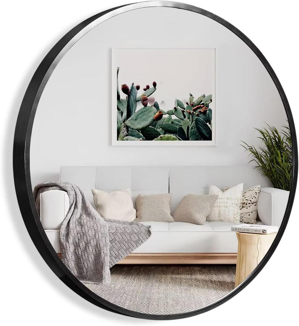 NeuType Round Mirror Circle Mirror Metal Framed Wall Mirror Large Vanity Hanging Decorative Mirrors for Bathroom, Bedroom, Living Room, Entryway (Black, 32")