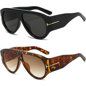 Trendy Oversized Aviator Sunglasses for Women Men Square Thick Frame Large Sun Glasses UV400 Protection (Black/Leopard)