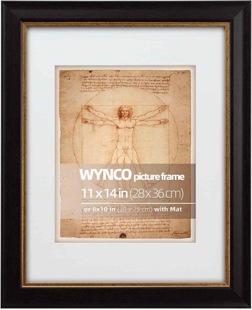 11x14 Mahogany with Rustic Gold Trim Vintage Picture Frame, Matted for 8x10 Photos or Art Works, 1.5 in Wide Frame Border Real Glass Cover, Bronze Inner