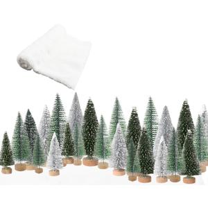 Christmas Decor Bottle Brush Trees Set- 24PCS Assorted Artificial Mini Snow Pine Trees with Wood Base for Village Miniature Craft Decorations for Home Indoor Party (Include Small Snow Blanket)