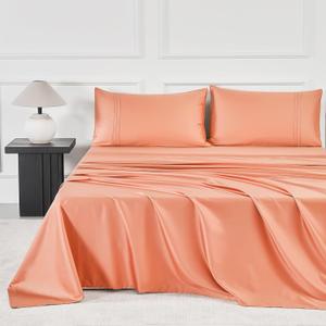 JELLYMONI Queen Sheet Sets Orange - 400 Thread Count 100% Cotton Sheets, 4 Pieces Silkly Sateen Cotton Sheet Set, Wrinkle Free Hotel Luxury Bedding