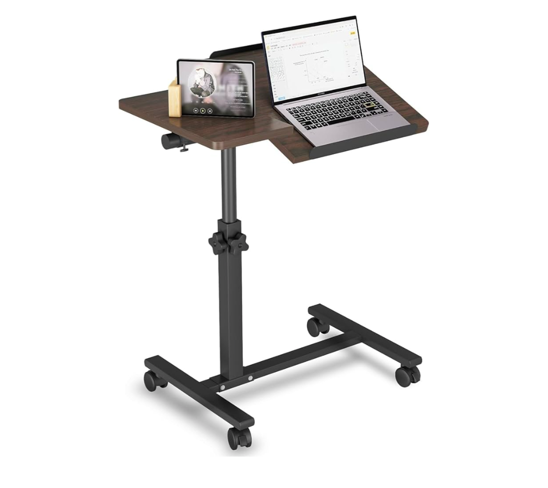 JXINONT Mobile Laptop Stand for Couch Overbed Table with Wheels Adjustable Height Tilting Sofa Laptop Bed Table Rolling Cart Medical Overbed Table (Brown)