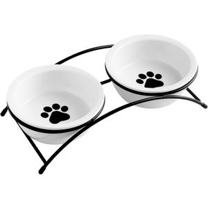 ZONEYILA Elevated Cat Bowls, Dog Bowl, Ceramic Raised Cat Food Water Bowl Set with Metal Stand for Indoor Cats Small Dog, Prevent Neck Pain,12 Ounces, Cute Paw Pattern