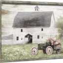 Farmhouse Tractor Wooden Wall Art: Framed White Barn Picture Rustic Countryside Farm Painting Print Vintage Country Flowers Scene Artwork for Office Bedroom Living Room Decor  36"L x 24"W