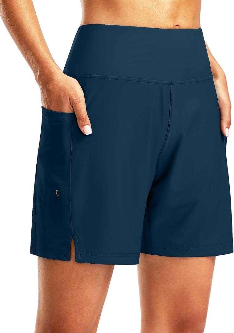 G Gradual Women's 7" Long Swim Board Shorts High Waisted Quick Dry Beach Swimming Shorts for Women with Liner Pockets(Dark Blue, 3XL)