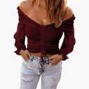 Womens Crop Tops Off Shoulder Ruched Ruffle 3/4 Sleeve V Neck Shirts Sexy Summer Blouse,XXL