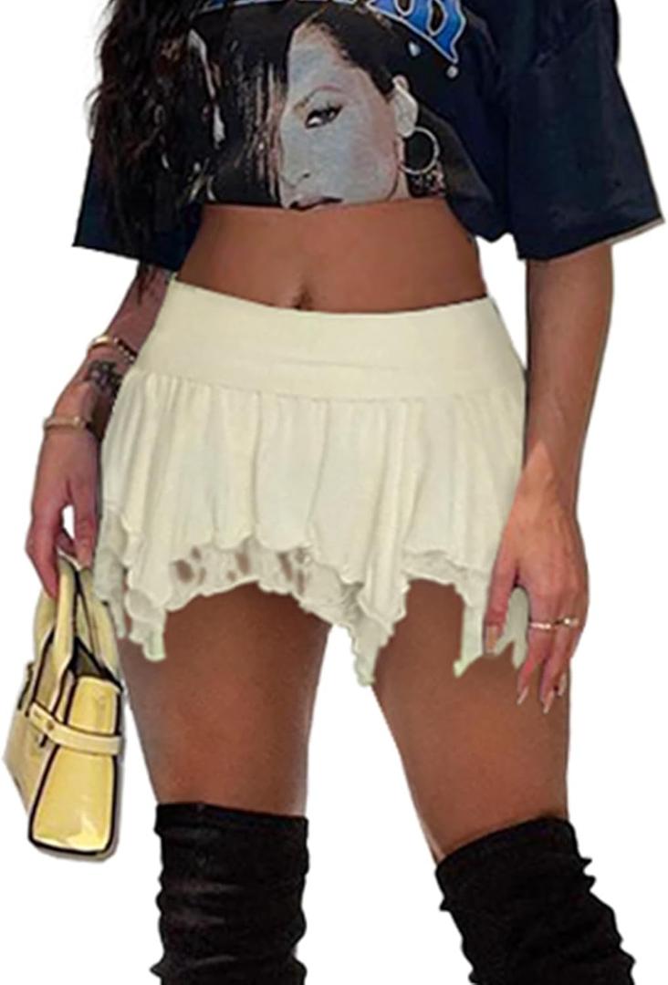 Women's Lace Short Skirt Sexy Y2K Solid Low Waist Patchwork Flowy Ruffle Pleated Mini Skirts Streetwear (Yellow, XS)