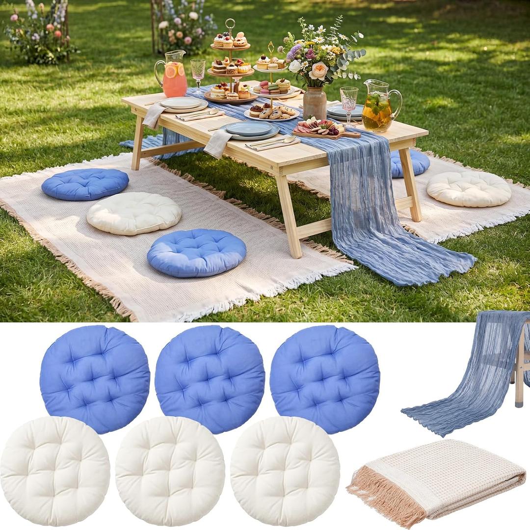 Frienda 91'' x 71'' Extra Large Outdoor Boho Picnic Blanket with Blue Table Runner 6 Floor Pillows Cushions for Picnic Party Camping Wedding Bachelorette Birthday Baby Shower Yard Decor, 15 x 15 inches