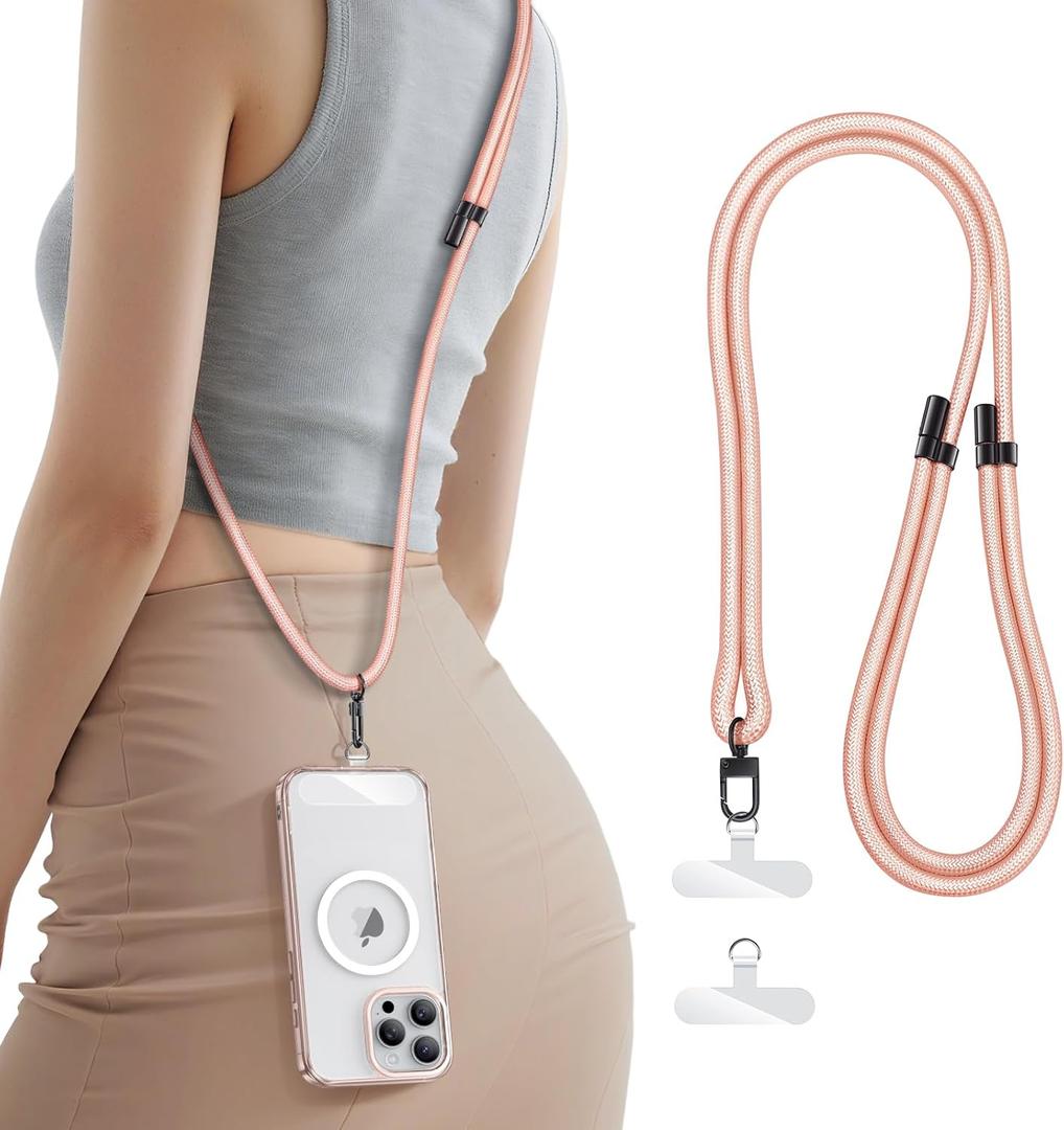 SSLOTSCASE for Phone Lanyard Crossbody with 2X TPU Clear Phone Tabs, Retractable Cellphone Lanyard, Premium Metal Buckles, Skin-Friendly, Universal Wrist Strap Leash for Women Men,Pink-Gold