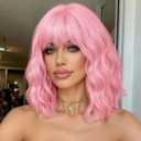 LOSMOEER Pink Wig with Bangs Short Wavy Wigs for Women Shoulder Length Curly Bob Wigs Heat Resistant Synthetic Wigs for Halloween Cosplay Daily Party Use (14 Inch)