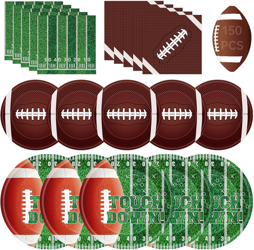 150 Pack Football Party Supplies Kit, Football Party Dinnerware Set Includes Heavy Duty Dessert Dinner Plates and Luncheon Napkins for Football Theme Birthday Party Decorations Table Decor, Serves 50
