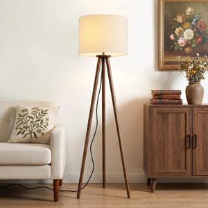 Buruis 60.6 Inch Walnut Wood Tripod Floor Lamp with Linen Drum Shade, Beige