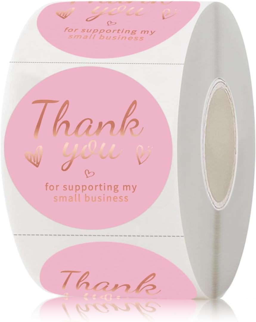 500 PCS Pink and Rose Gold Thank You Sticker, 1.5 Inch Thank You for Supporting My Small Business Stickers, for Greeting Cards, Flower Bouquets, Gift Wraps