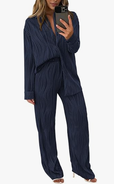 PRETTYGARDEN Women's 2 Piece Sets 2026 Fall Casual Textured Button Down Shirt Wide Leg Pants Outfits Loungewear Tracksuit, Dark Blue, Large