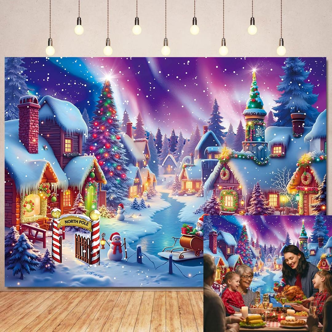 Christmas Village Photography Backdrop North Pole Snow Village Photo Backdrop Winter Night Xmas Tree Santa Party Decorations Holiday Photo Booth Banner (7X5FT)
