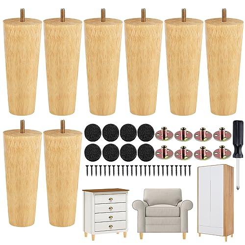 TURSTIN 8 Pieces Furniture Legs 6 Inches Round Solid Wood Furniture Feet with M8 T-Nuts Couch Legs Sofa Leg Replacement Leg for Armchair, Cabinet, Chair, Dresser or Home DIY Projects, Natural Wood