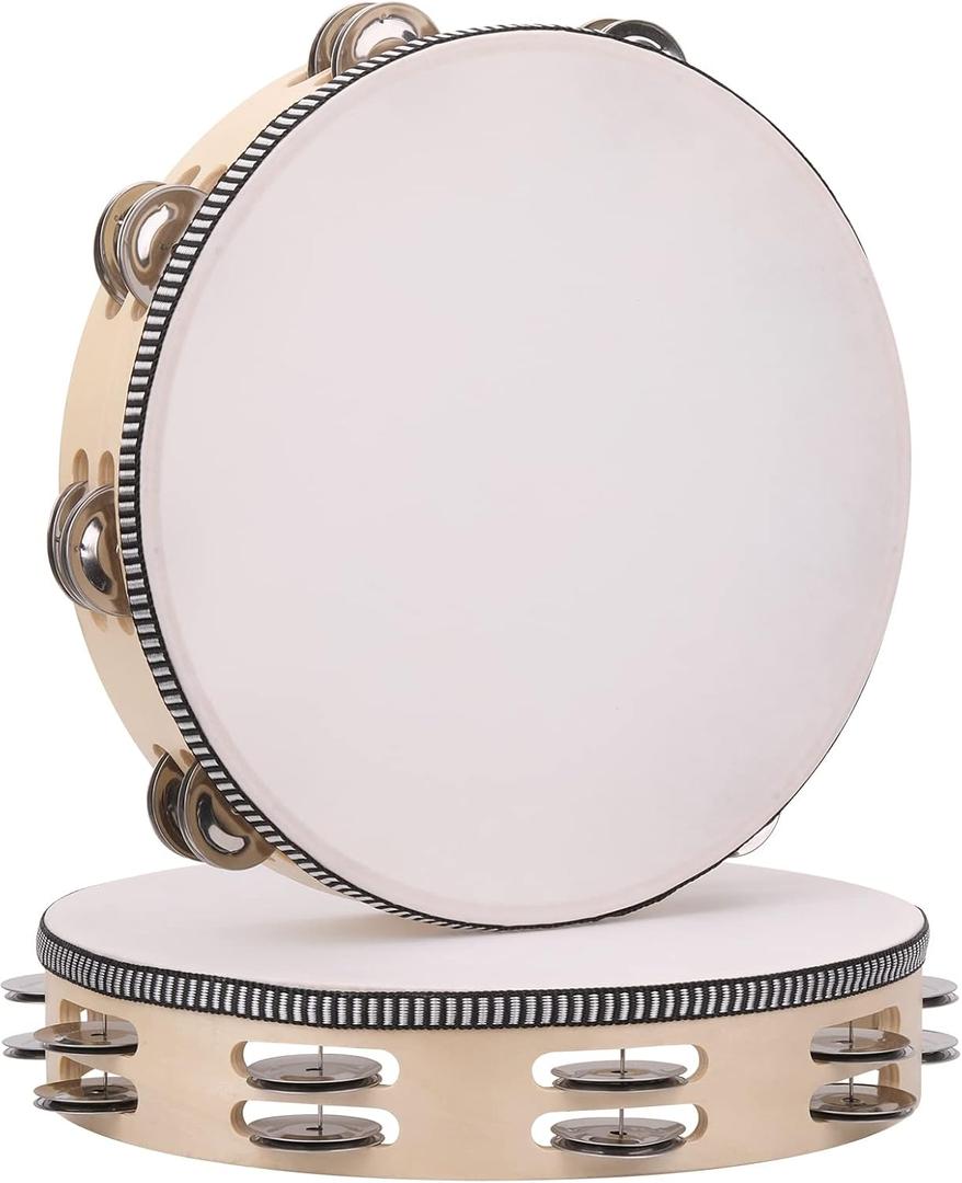 2Pack 10 Inch Double Row Tambourine for Adults Wooden Hand Held Drum Bell Tambourine with Metal Jingles, Percussion Musical Instruments Hand Tambourine for Church, KTV, Party