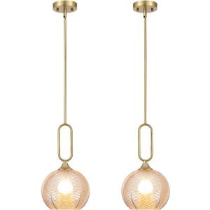 Amber Glass Pendant Light Set of 2 Modern Globe Pendant Lighting Nordic Ribbed Gold Ceiling Hanging Chandelier with Brushed Brass Adjustable Rods Dining Room Kitchen Island Light Fixture, 61" L x 7.87" W, 7.87" diameter