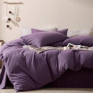 JELLYMONI 100% Cotton Queen Duvet Cover Set, Washed Linen-Like Texture | Pre-Shrunk, with Natural Wrinkles, Wide Zipper Opening, Colorfast,8 Reinforced Ties,1 Duvet Cover&2 Pillowcases