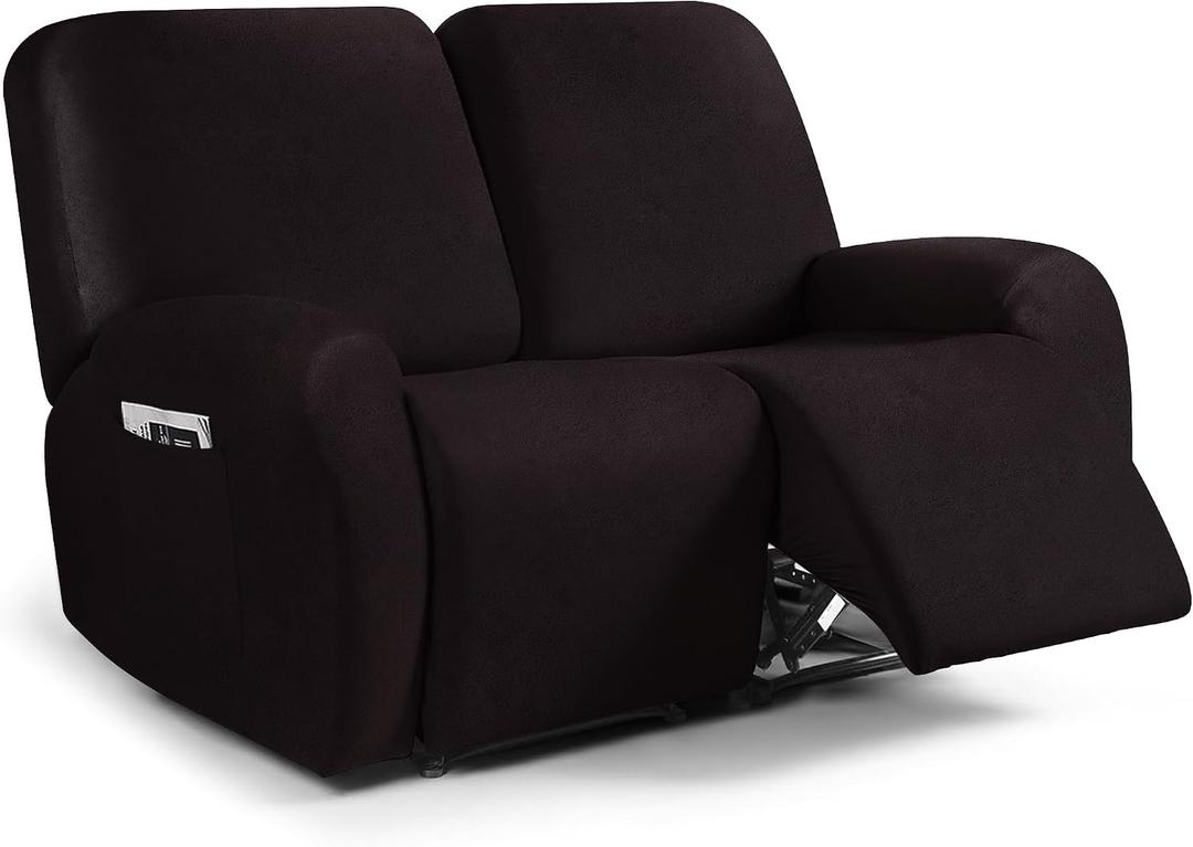 ANARACHON Leather Look Loveseat Recliner Cover, 6-Pieces Stretch Dual Recliner Sofa Covers, Soft Reclining Couch Slipcover, Washable Furniture Protector for Pets (2 Seater, 01 Chocolate)