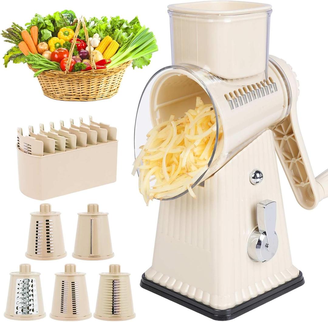 Manual Rotary Cheese Grater, White, 5-in-1 Vegetable Slicer with Suction Base, Stainless Steel Blades, Hand Crank Design for Kitchen