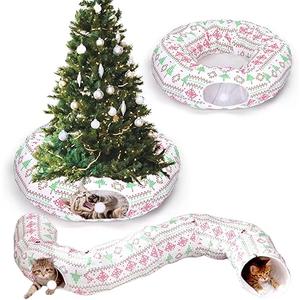 Leyndo 37 x 10 Inches Christmas Cat Tunnel Bed Under Christmas Tree with Central Mat for Xmas Tree Skirt Warm Soft Cat Tube in Red Green Multifunctional Decorative Bed