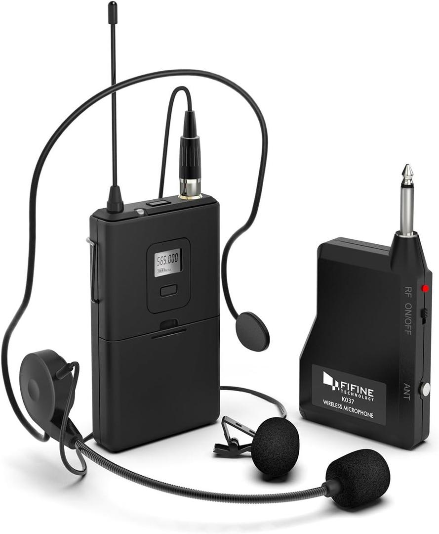 FIFINE Wireless Microphone System, Wireless Microphone set with Headset and Lavalier Lapel Mics, Beltpack Transmitter and Receiver,Ideal for Teaching, Preaching and Public Speaking Applications-K037B