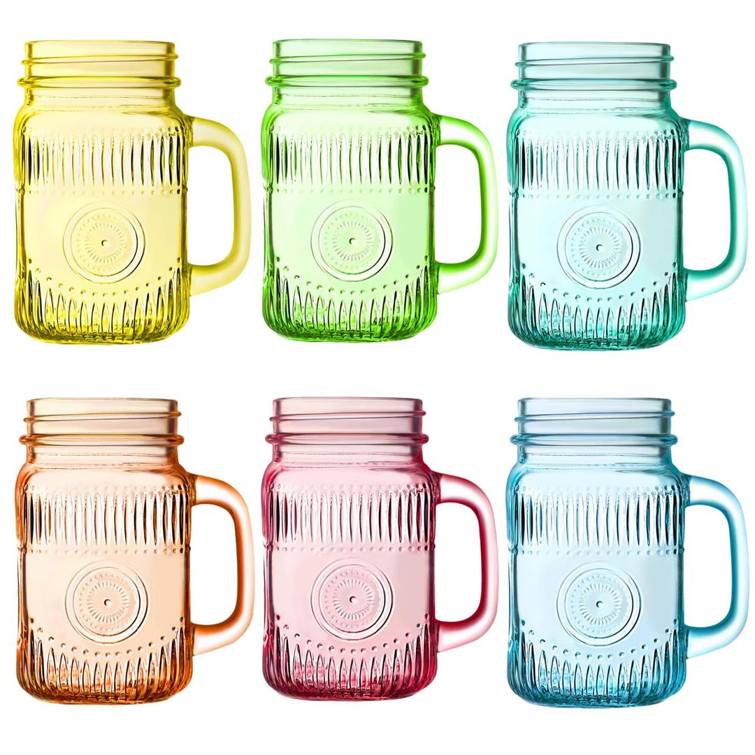 Amzcku Vintage Colored Drinking Glass Mason Jar 16 OZ with Comfortable Handle for Party Beverages 5 pcs