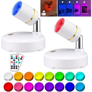RGB Spotlight with Remote Control Set of 2, 16 Colors Changing Lights and 10 Brightness Levels Adjustable 180 Rotation 4 Flash Modes Dimmable Timer Function Battery Powered for Home