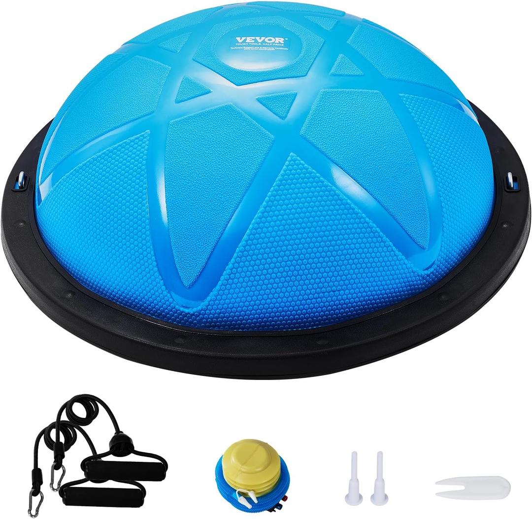 VEVOR Half Exercise Ball Trainer, 23/26 inch Balance Ball Trainer, 1500lbs Capacity Stability Ball, Yoga Ball with Resistance Bands & Foot Pump, Strength Fitness Ball for Home Gym Full Body Workout, 23" Particle Blue