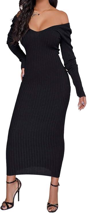 SheKiss Womens Off Shoulder Plus Size Work Business Sweater Dresses Long Sleeves Bodycon Cardigans Outfits (X-Large)
