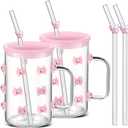 Skylety 2 Pcs 3D Pink Bow Glass Cup with Lid and Straw Pink Bow Icon Juice Glass with Handle 17 oz Coquette Aesthetic Cup Iced Coffee Tumbler for Women Girls Sister Friend Party Favor Gift