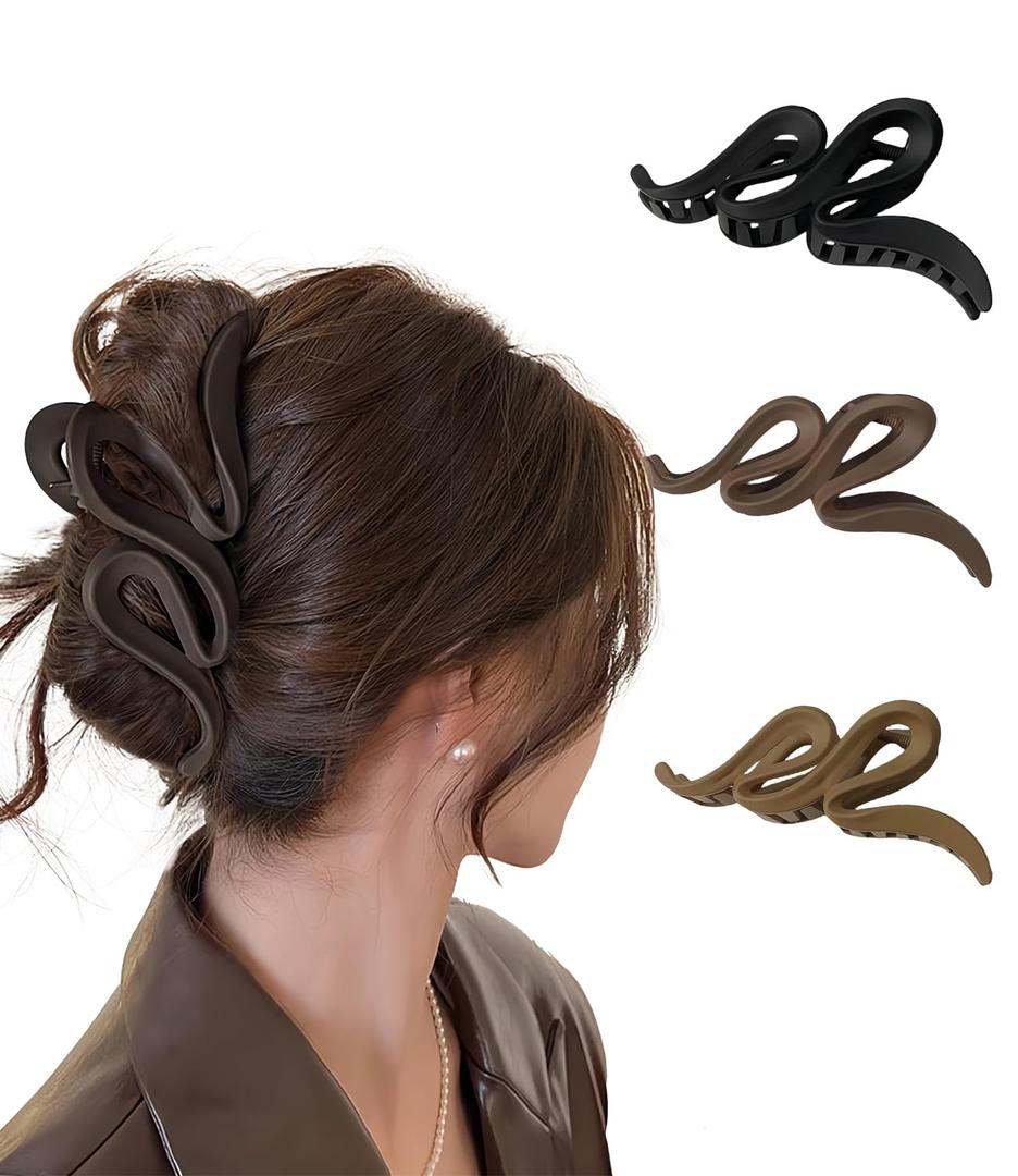 3PCS Jumbo Hair Clips for Thick Hair 5 Inch Large Fancy Wave Big Claw Clips Sets No Slip Black,Brown,Coffee