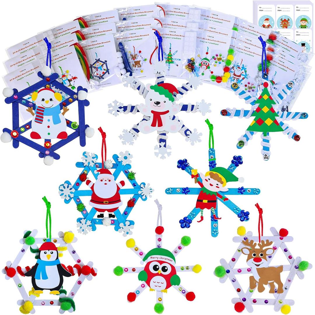 Winlyn 24 Sets Christmas Craft Kits Winter Crafts Popsicle Stick Snowflake Ornaments Decorations Art Sets Craft Stick Snowflake Christmas Stickers for Kids Holiday Classroom Activities Party Favors