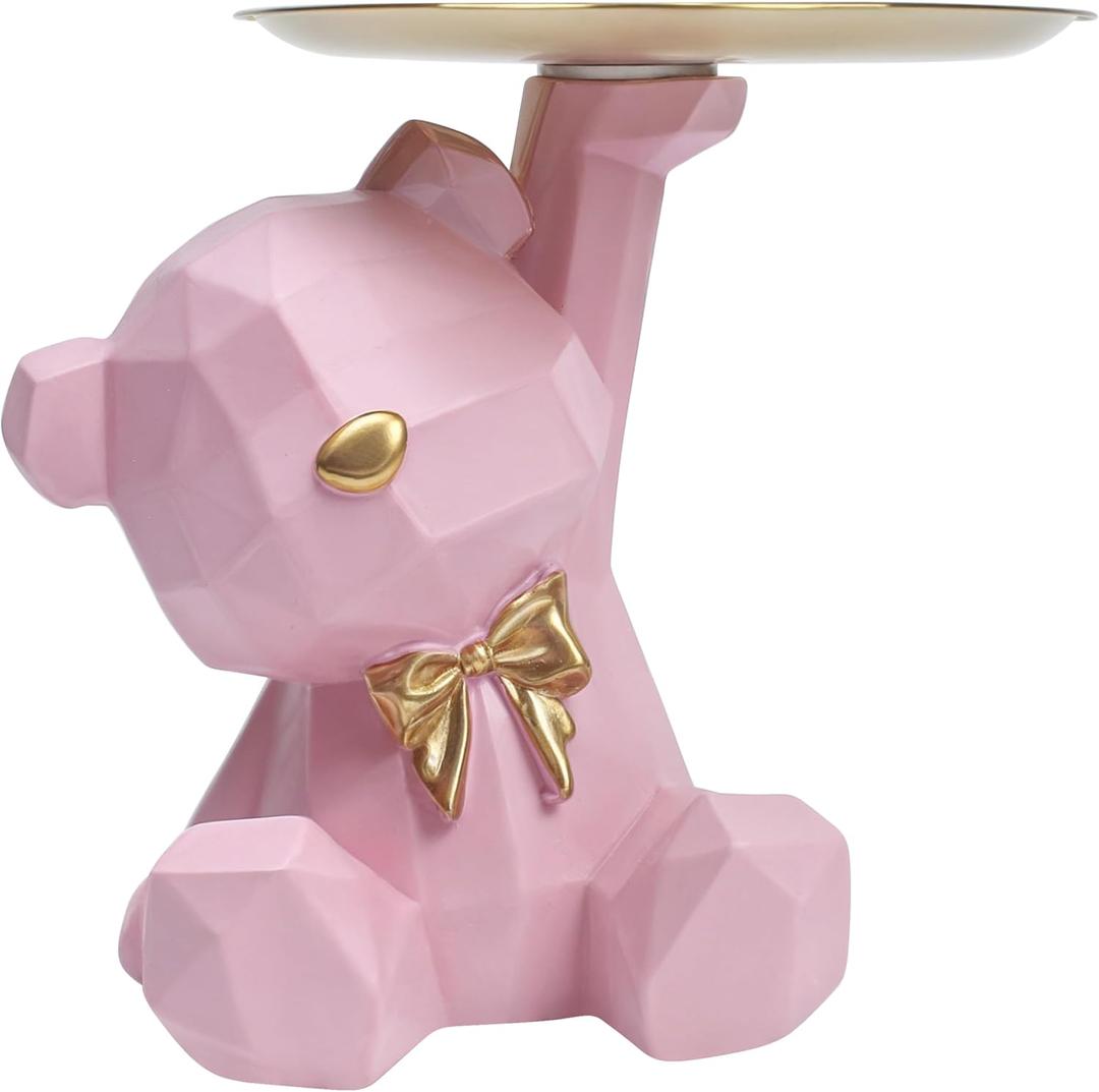 Bear Serving Tray Candy Dish Key Holder, Ring Stand Sculptures, Geometric Lovely Nordic Storage Bowl Plate Resin Cute Statue Figurines for Lipsticks Jewelry Earrings Table Living Room Entrance Display